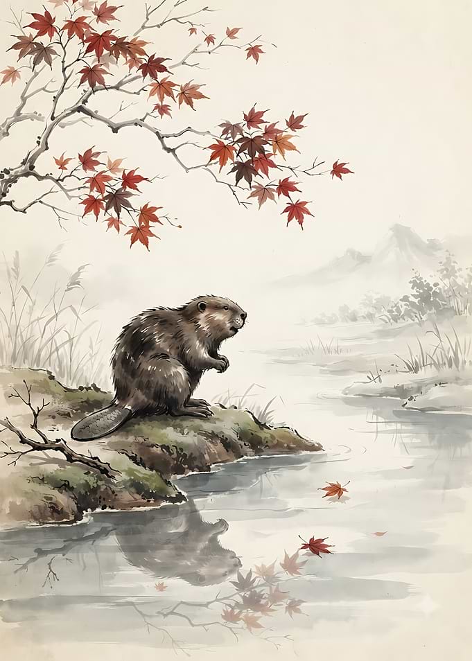Beaver by a Stream in Autumn