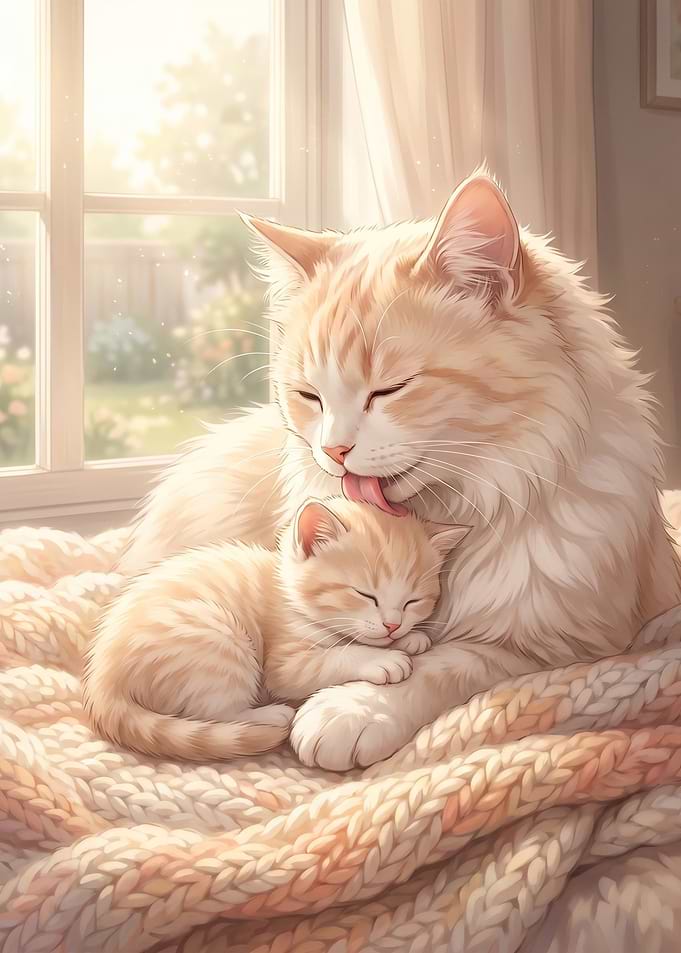 Mother Cat Grooming Her Kitten