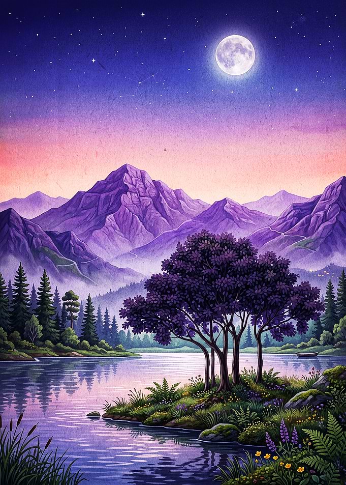 Purple Mountain Moon Lake Art