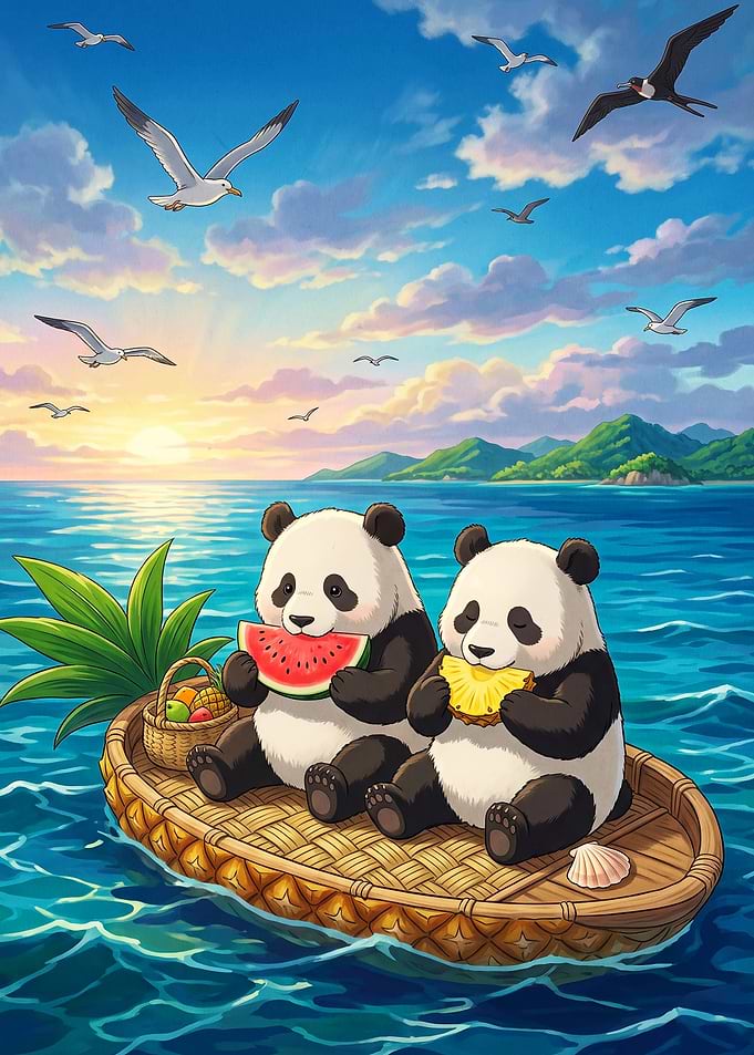 Pandas Sunset Beach Anime Art Poste