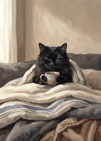 Cozy Black Cat With Coffee