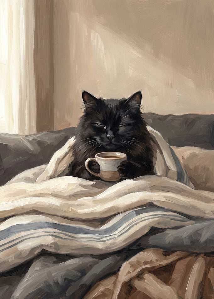 Cozy Black Cat With Coffee