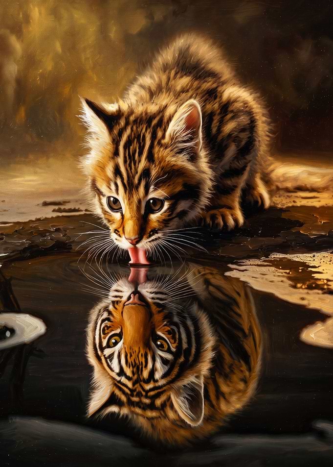 Kitten Tiger Reflection Oil Art