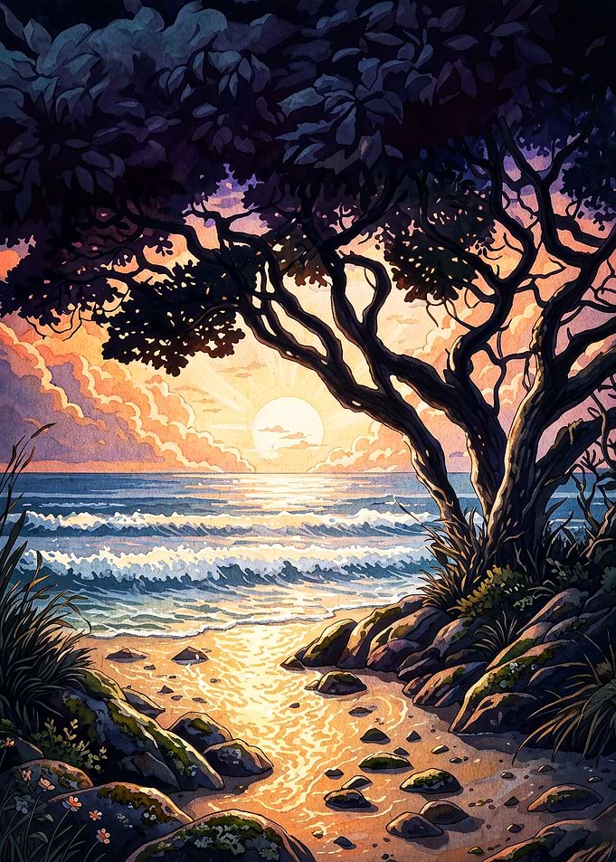 Sunset Beach Tree Nature Art