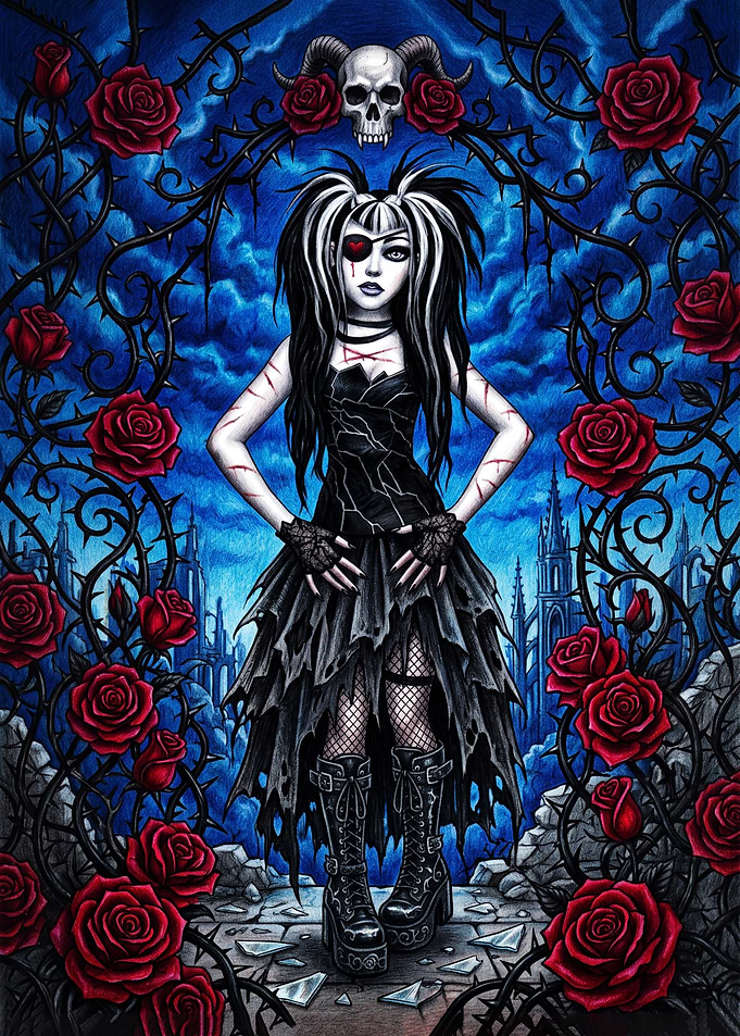 Gothic Girl with Roses and Skull