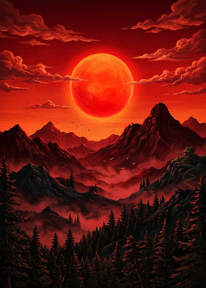 Red Moon Mountain Dark Landscape Ar