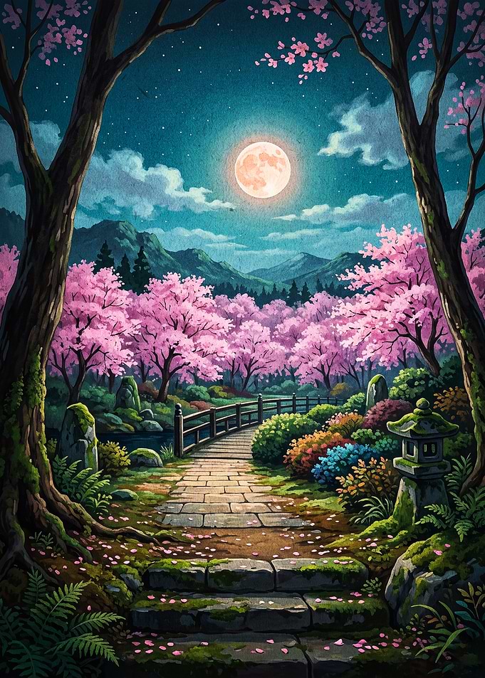 Cherry Blossom Night Zen Garden Art