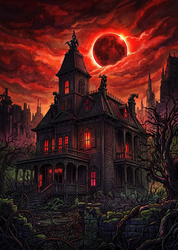 Haunted Victorian Mansion Under Blood Moon