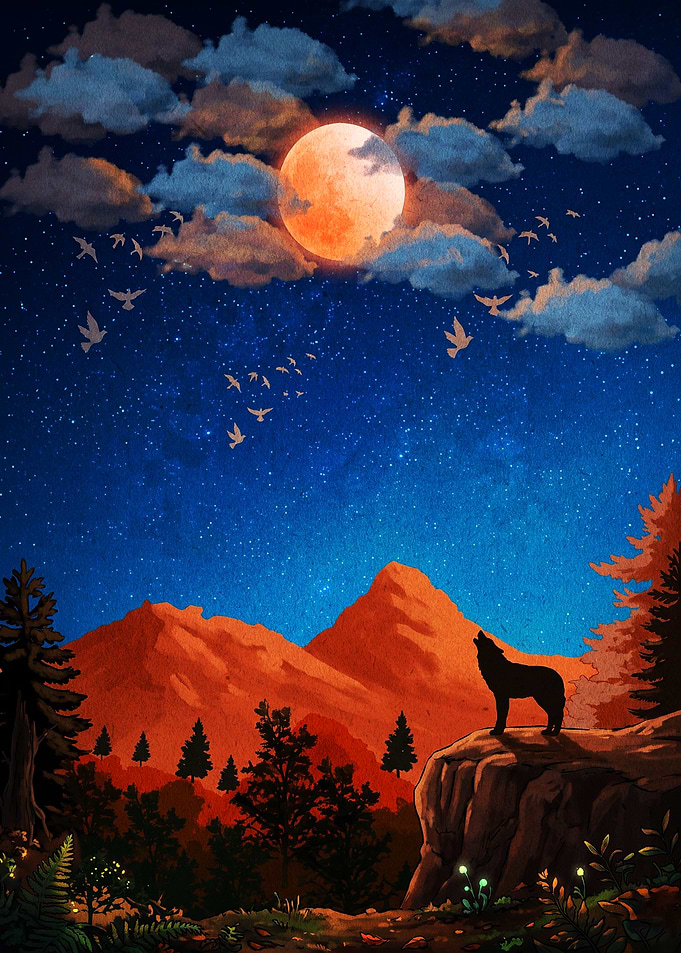Wolf Howling Moon Night Art
