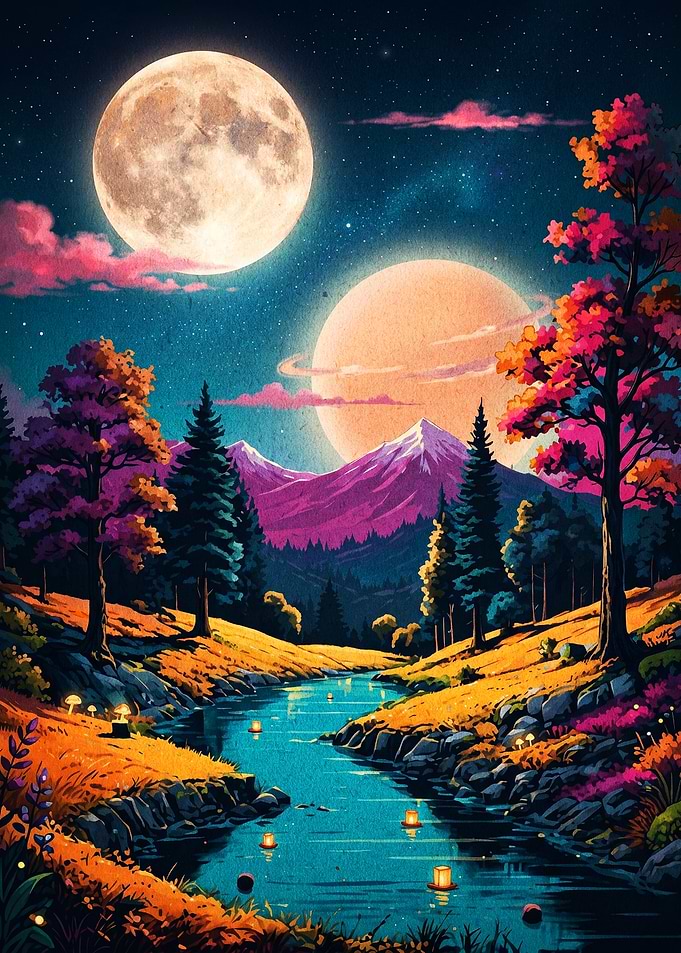 Double Moon Forest River Art