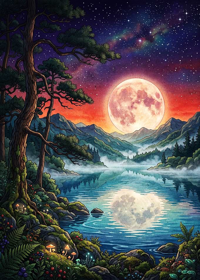 Moonlit Forest Night Lake Art