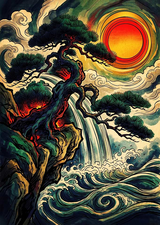 Japanese Style Pine Tree and Waterfall