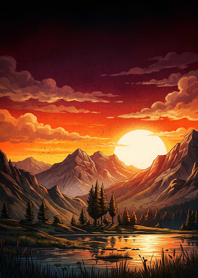 Sunset Mountains Retro Art Poster