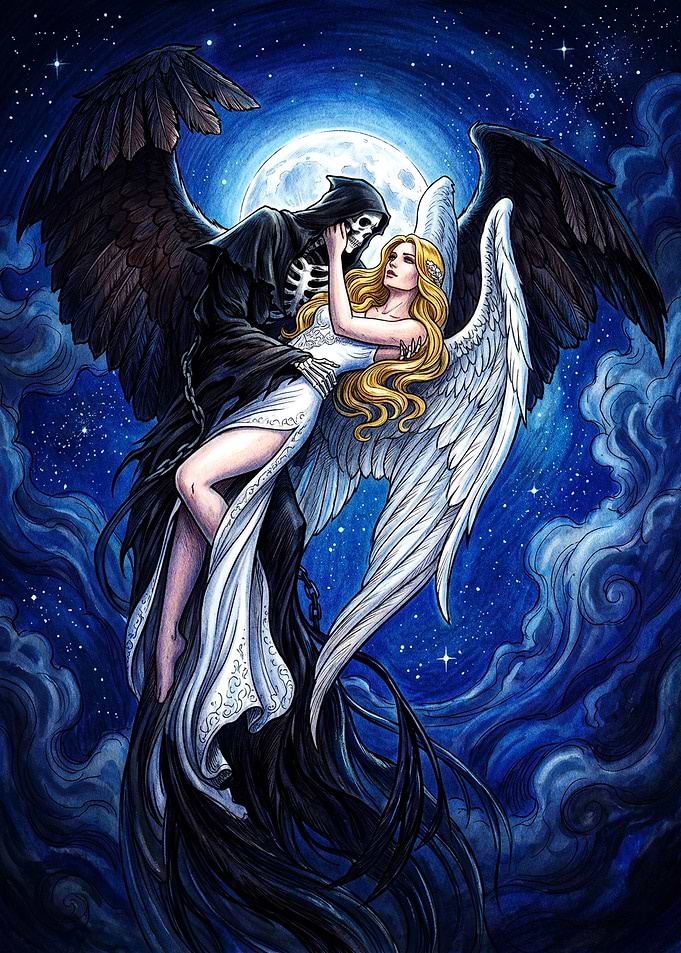 Grim Reaper and Angel Embrace