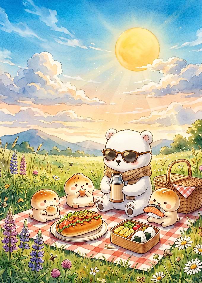 Cute Bear Picnic Watercolor Art