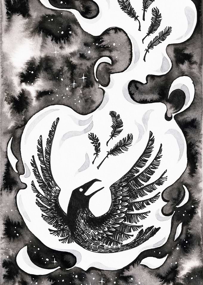 Ink drawing of a raven falling after the battle.