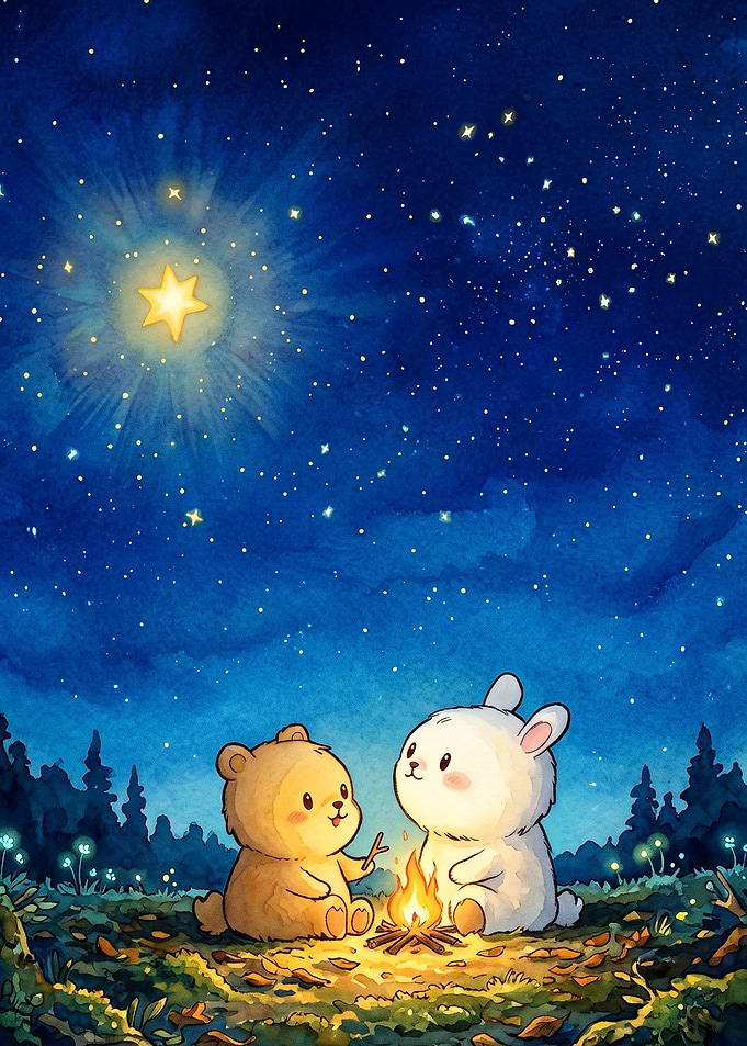 Cute Bear Rabbit Stargazing Art