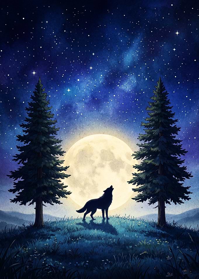 Wolf Howling Moon Starry Night Art