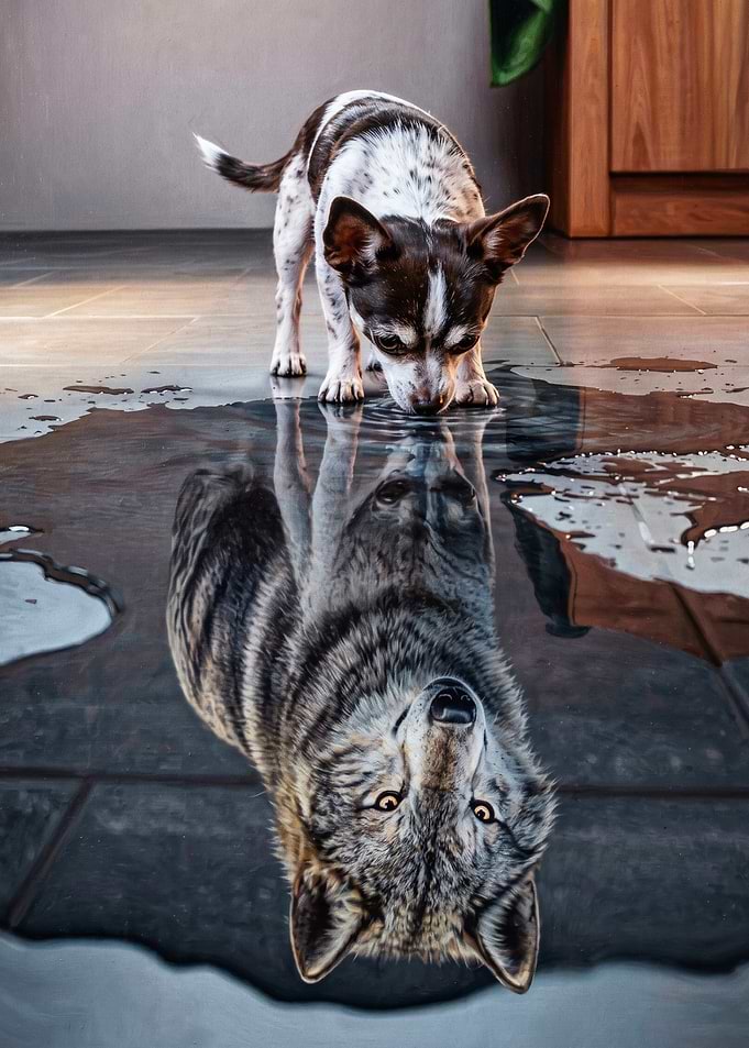 Dog Wolf Reflection Surreal Art Pos
