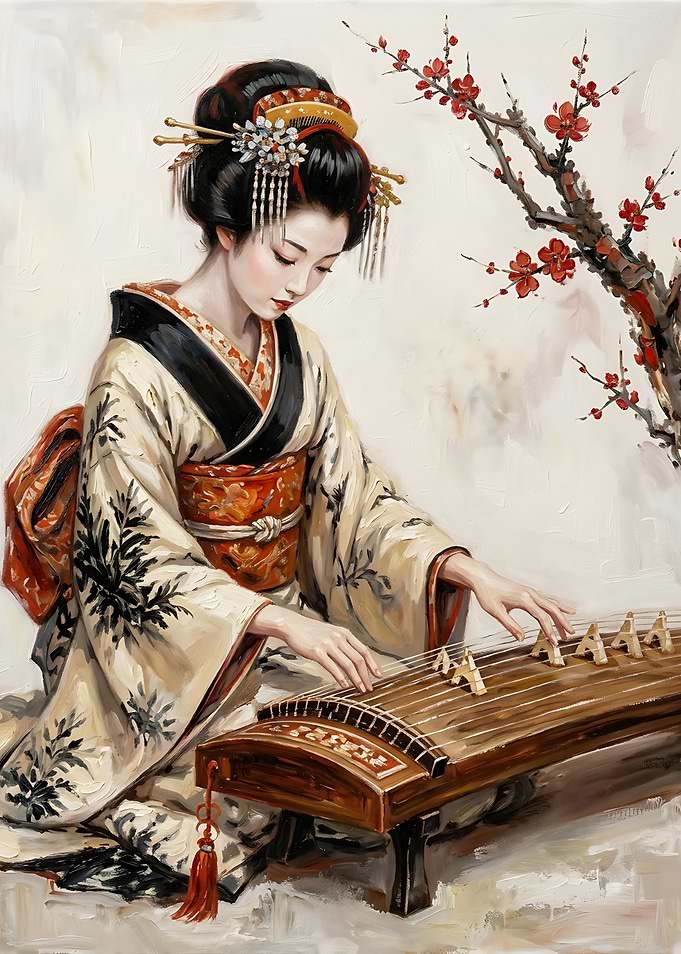 Geisha Playing Traditional Koto Instrument