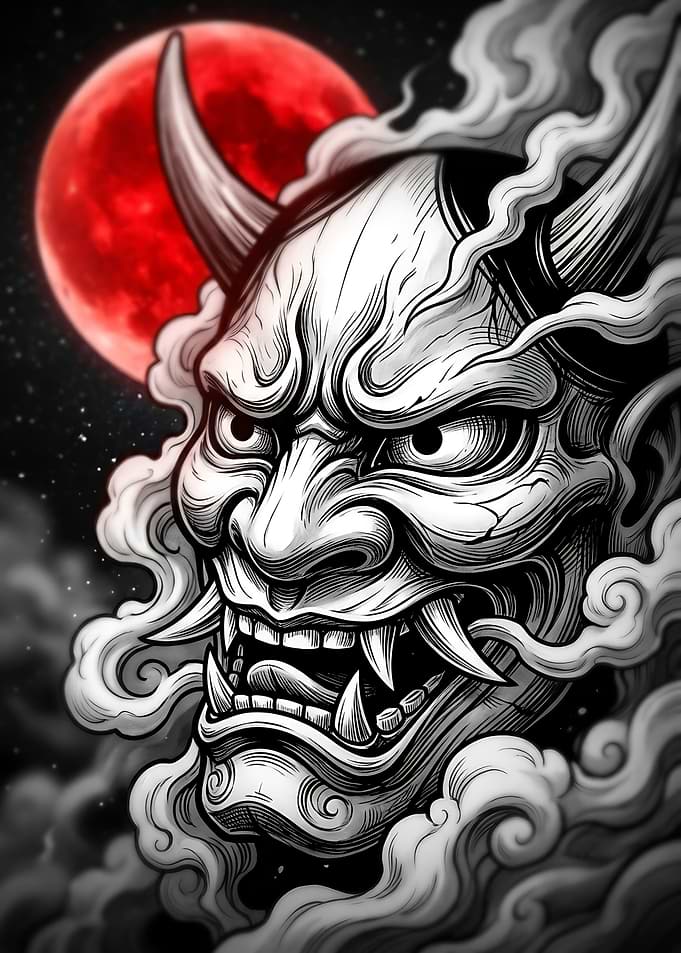 Hannya Mask with Red Moon