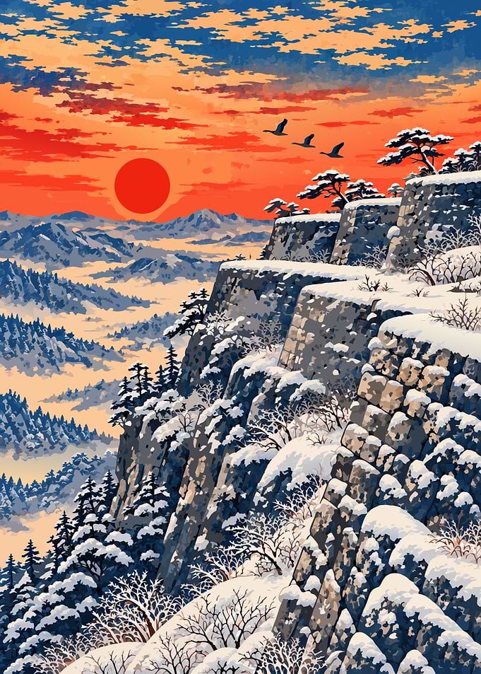 Winter Sunset Over Japanese Castle Ruins