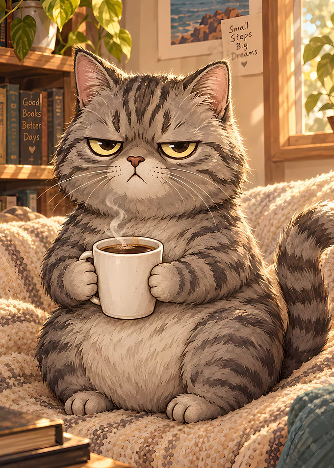 Grumpy Tabby Cat Drinking Coffee