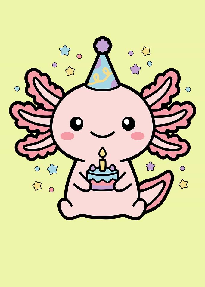 Cute Axolotl Birthday Celebration Illustration