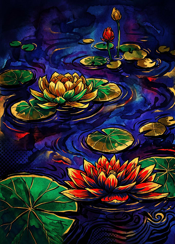 Vibrant Water Lilies in Dark Pond