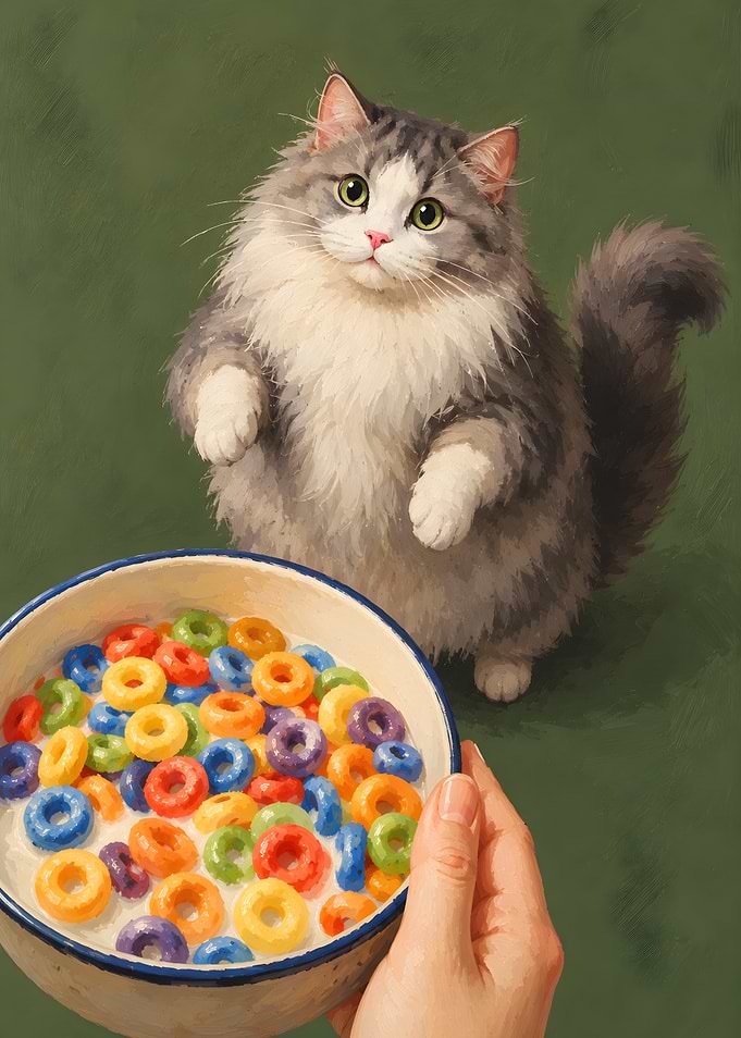 Fluffy Cat Looking at Cereal Bowl