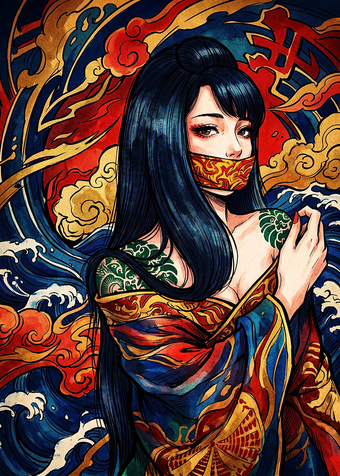 Geisha with Tattoos and Traditional Art