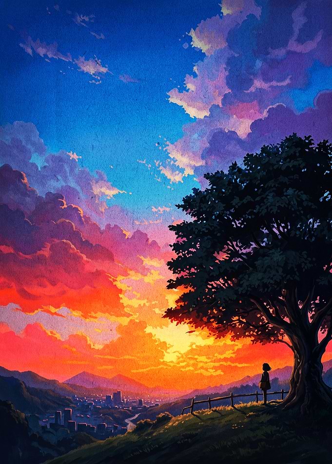 Anime Sunset Sky Tree Poster