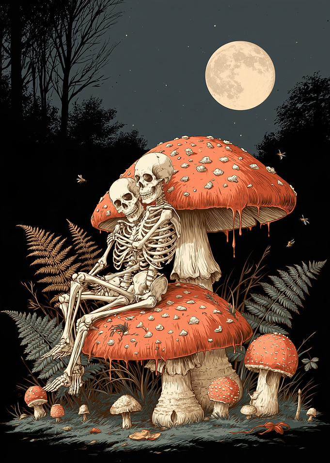 Skeletons Embracing on Giant Mushrooms