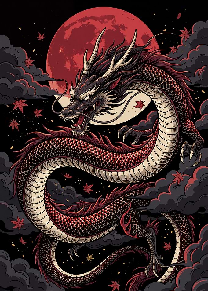 Majestic Japanese Dragon Under Red Moon