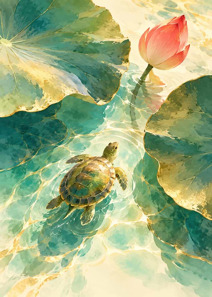 Turtle Swimming Near Lotus Flower