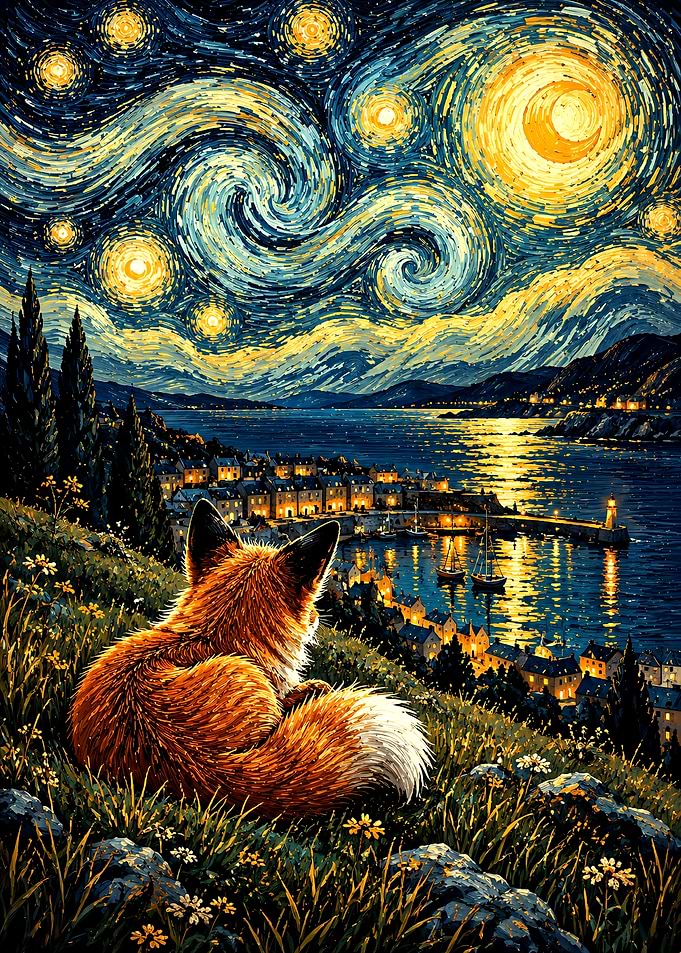 Fox Watching Starry Night Harbor