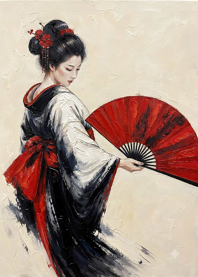 Elegant Geisha with Red Fan Painting
