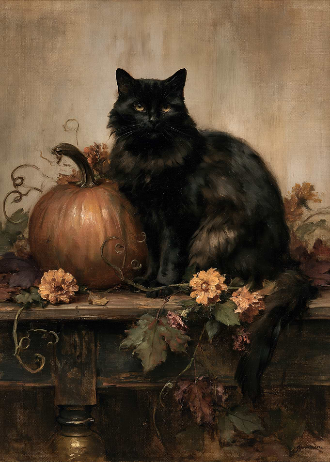 Black Cat with Pumpkin Autumn Portrait
