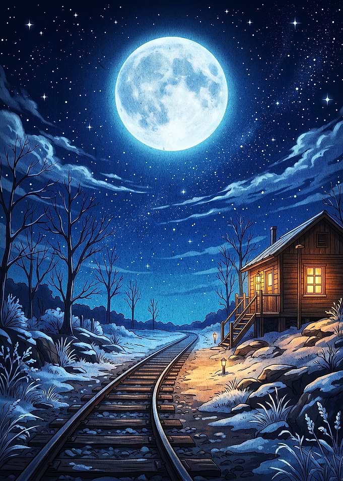 Winter Railway Moonlit Night Art