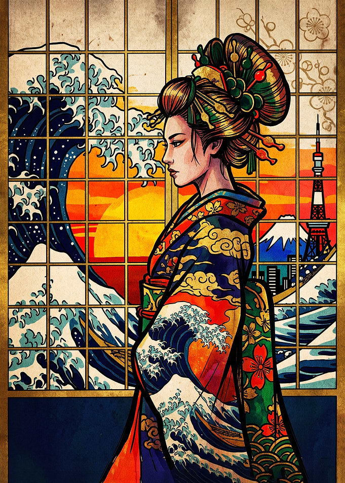 Geisha with Great Wave and Tokyo
