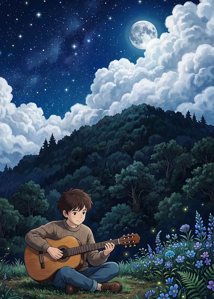 Anime Boy Guitar Night Sky Poster
