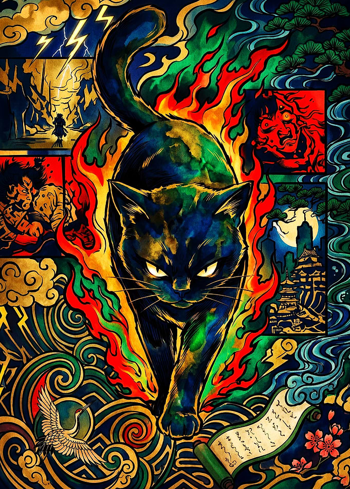 Mystical Black Cat Japanese Art