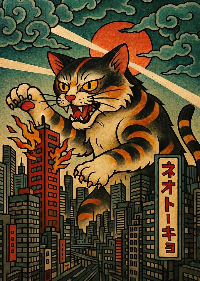 Giant Cat City Attack Japanese Art