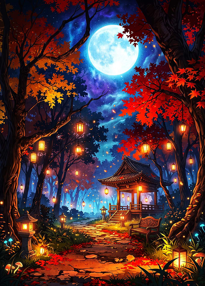 Moonlit Shrine Lanterns Fantasy Art