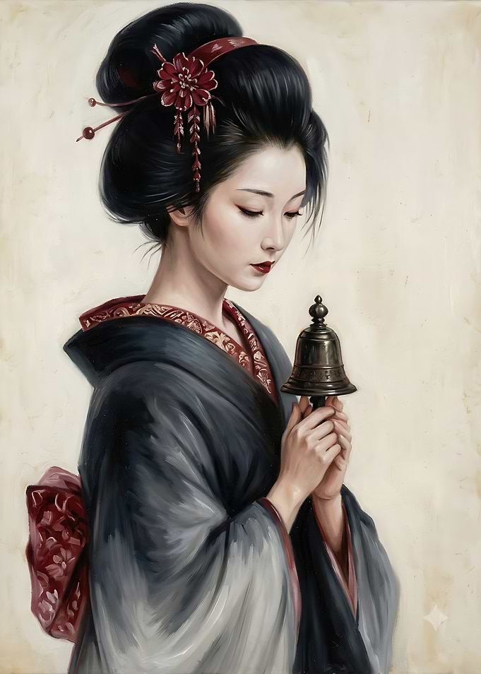 Elegant Geisha Holding a Ritual Bell