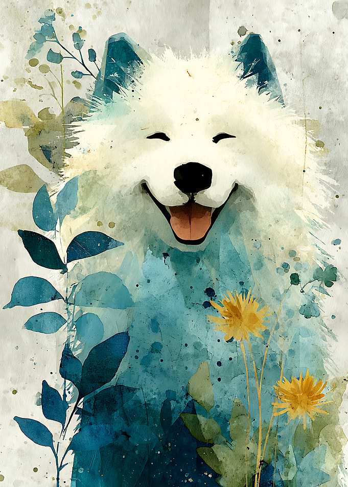 Watercolor Samoyed Dog Portrait