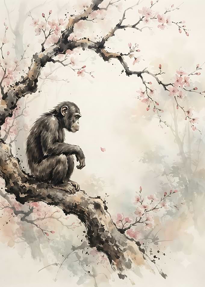 Chimpanzee Sitting in Cherry Blossom Tree