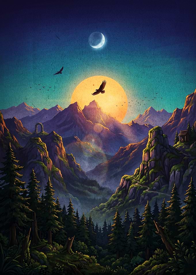 Sunset Mountain Eagle Nature Art