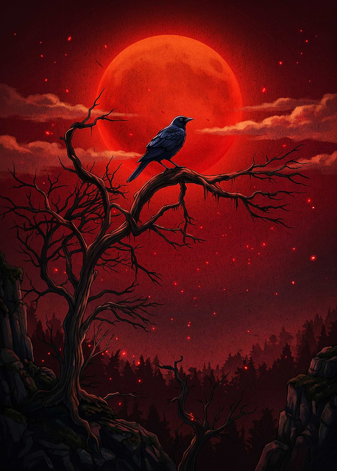 Crow Red Moon Dark Fantasy Art