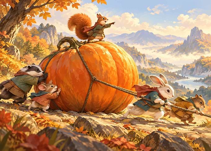 Forest Animals Transporting a Giant Pumpkin